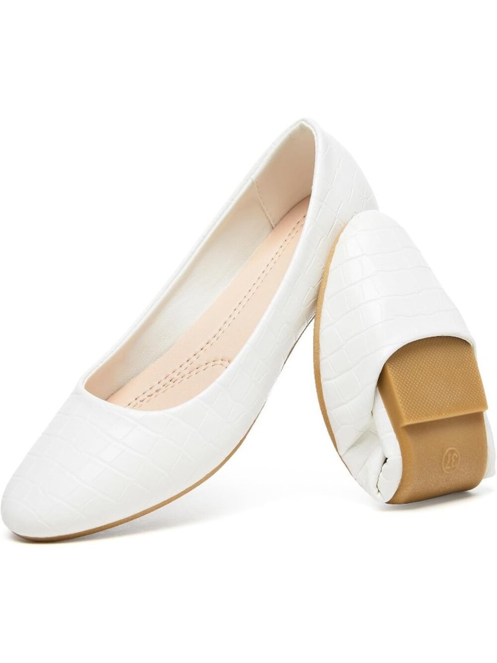 Women's White PU Leather Round Toe Ballet Flats Slip On Office Comfortable Shoes